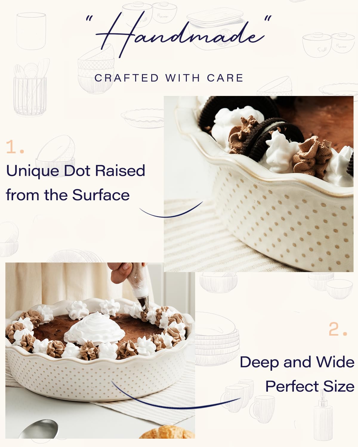 Getstar Ceramic Deep Pie Pan, 10 Inch Large Dish, Dots Pattern