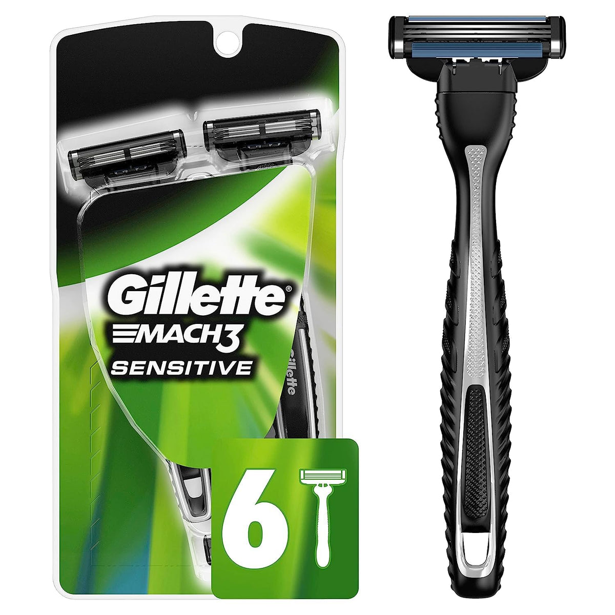 Mach3 Disposable Razors for Men by Gillette – 6 Count (Pack of 1), Black, Model 047400303744
