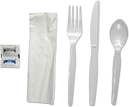 SIX-PIECE Cutlery KIT, Heavyweight, Fork/Knife/Napkin/Pepper/Salt/Spoon, Plastic, White, 250 PK