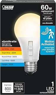 Feit Electric A19 LED Motion Sensor Light Bulb, 60W Eq, 5CCT, E26 Base