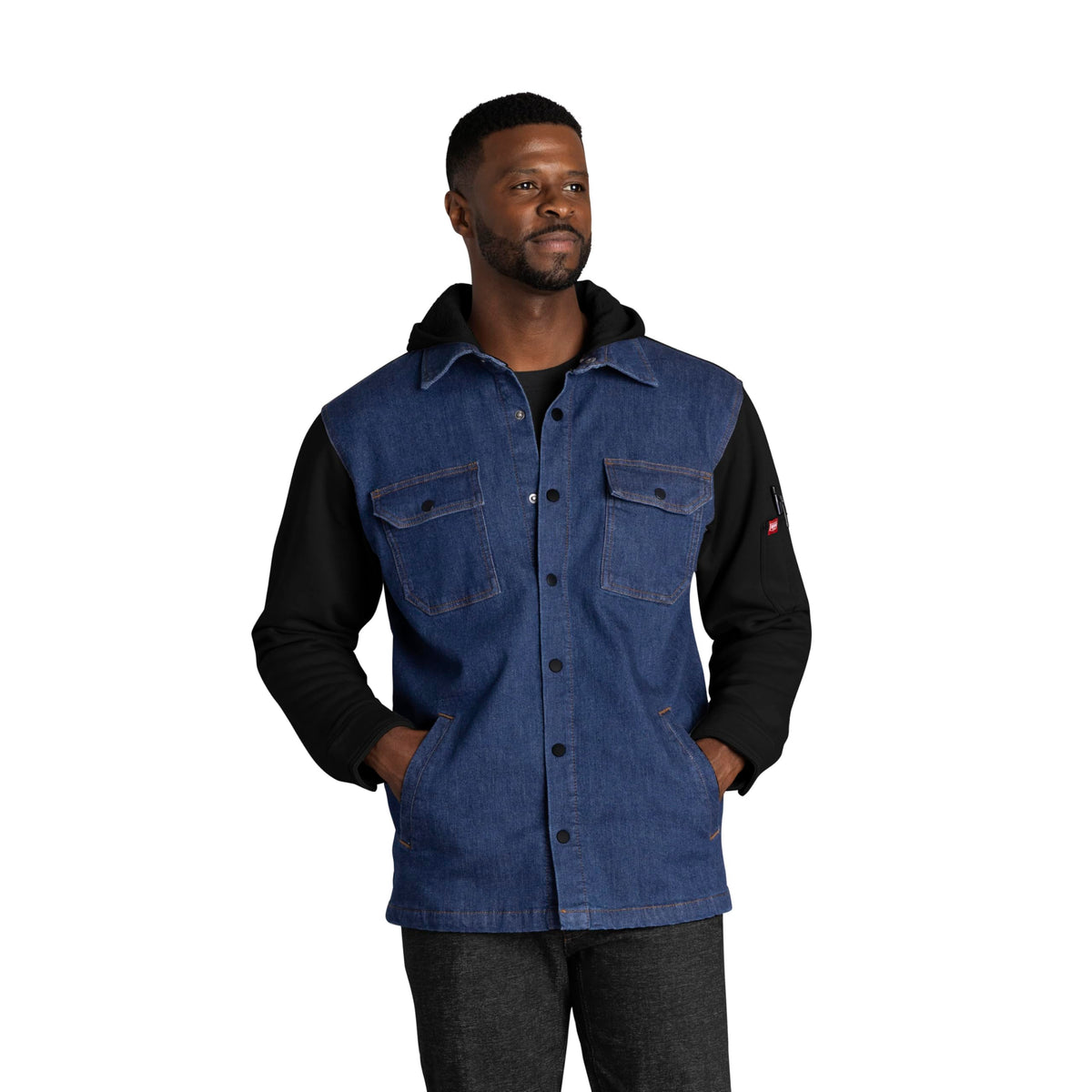 Men's Denim & Fleece Hooded Shirt Jacket by Red Kap – Cotton, Denim / Black, Model S5DJBK RG 3XL