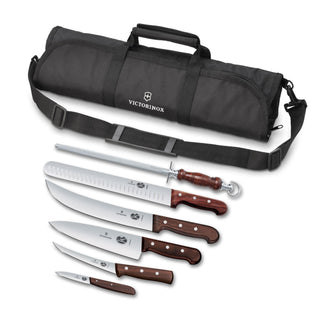 Wood 7 Piece BBQ Cutlery Roll Set with 3.25 In Paring Knife and Storage Bag by Victorinox – 19.5 x 4.1 x 3.25 In, Stainless Steel, Brown, Model 7.4012.7-X2