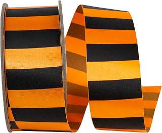 Reliant Ribbon Cabana Matte Stripes Repeat Satin, Orange/Black, 1-3/8 Inch, 25 Yards