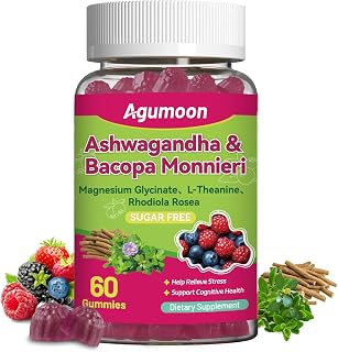 Bacopa Monnieri & Ashwagandha Gummies for Kids & Adults Sugar Free | 50% Standardized Bacosides, Support Memory and Focus, Support Healthy Stress Response, Organic Vegan GMP Non-GMO, 60 Gummies