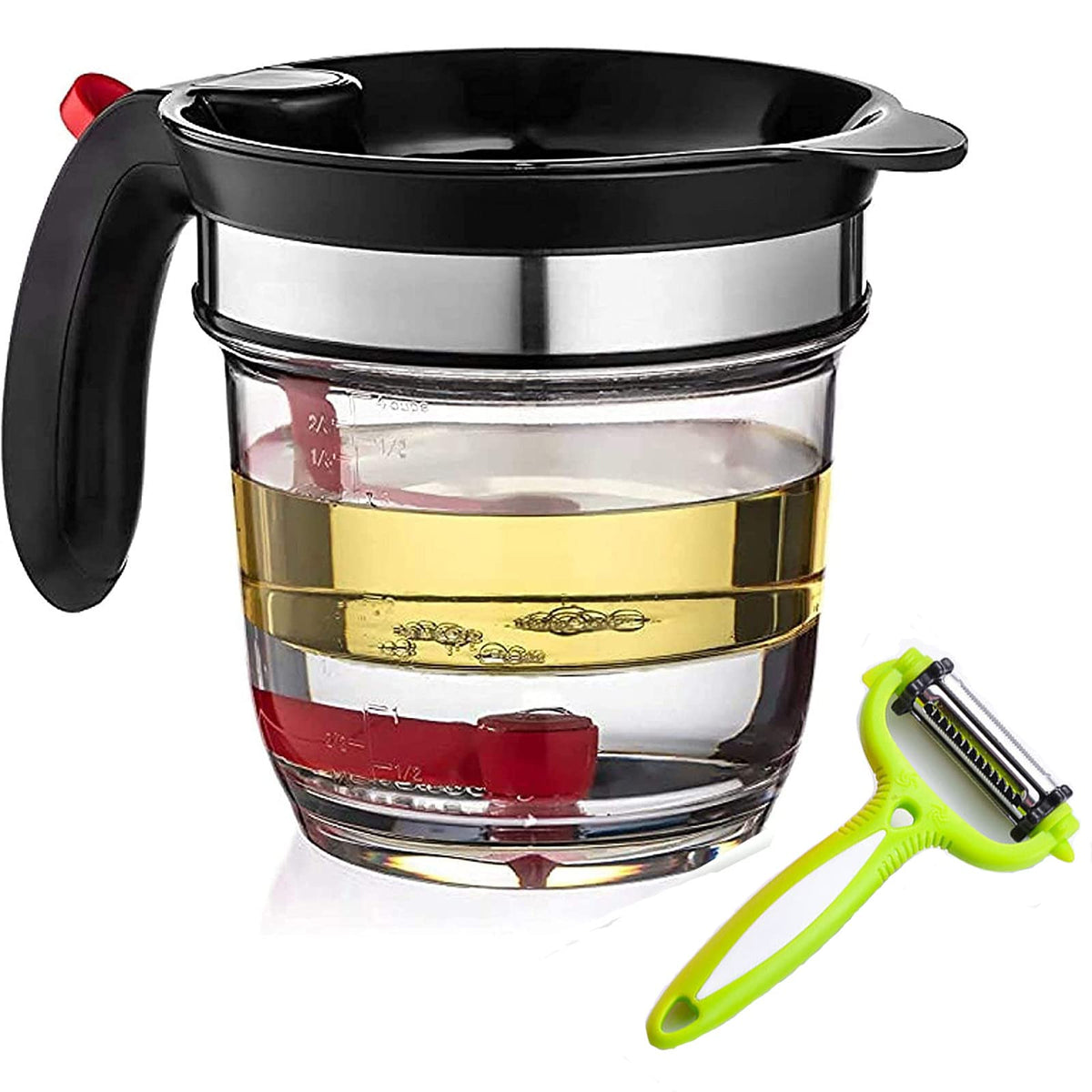 Pazatao Gravy Fat Separator, 4 Cup Capacity with Bottom Release and Strainer, Black