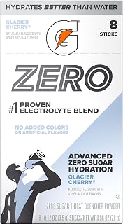 Gatorade Zero Sugar Powder Sticks, Glacier Cherry, Makes 20 fl oz, (8 Pack), Electrolyte Powder Drink Mix for Hydration, Zero Sugar
