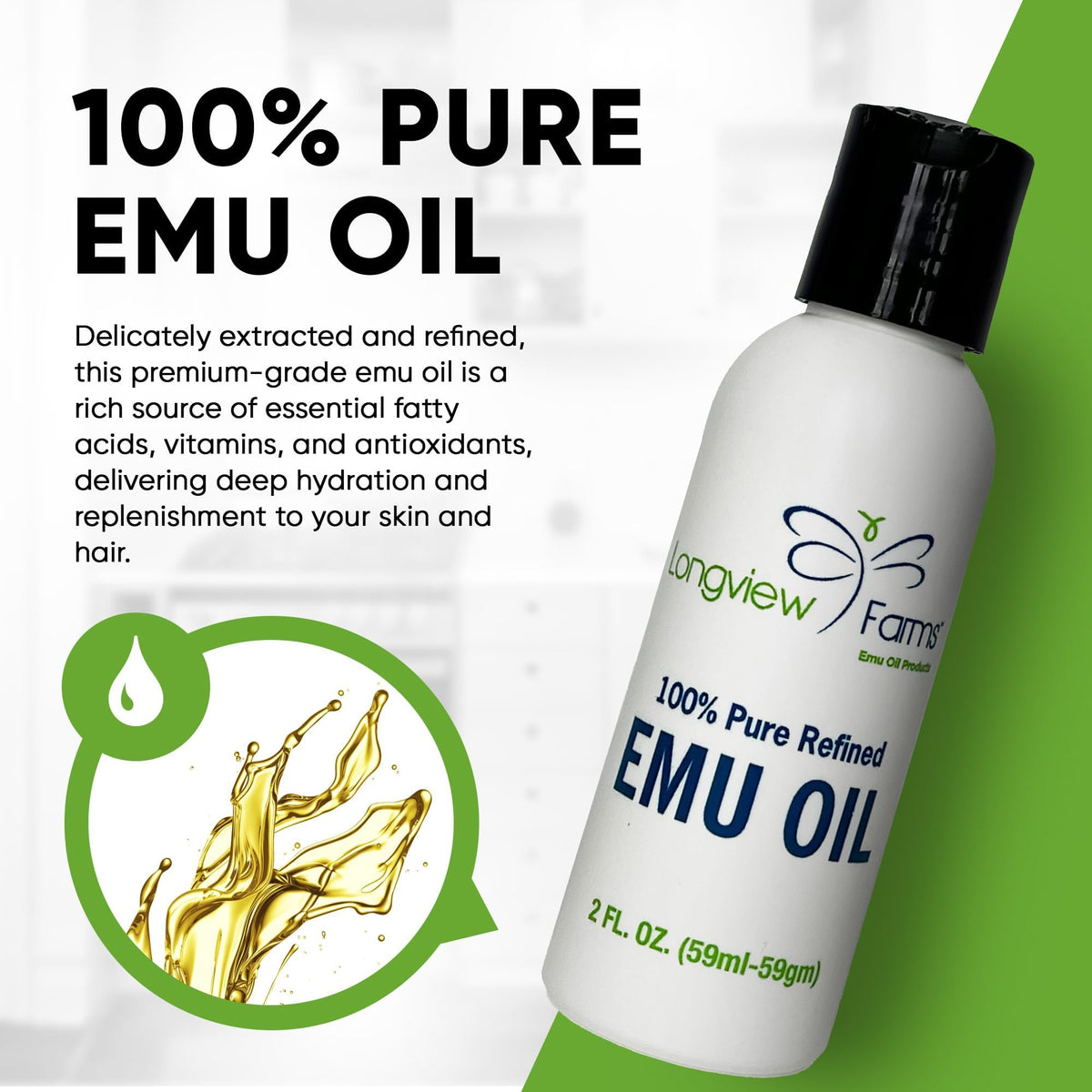 ® Emu Oil for Hair and Body - 100% Pure & Refined Emu Oil for Skin & Hair Care | Premium Quality Hydration & Nourishment | 4 Fl. Oz by Longview Farms – 4 Fl Oz (Pack of 1)