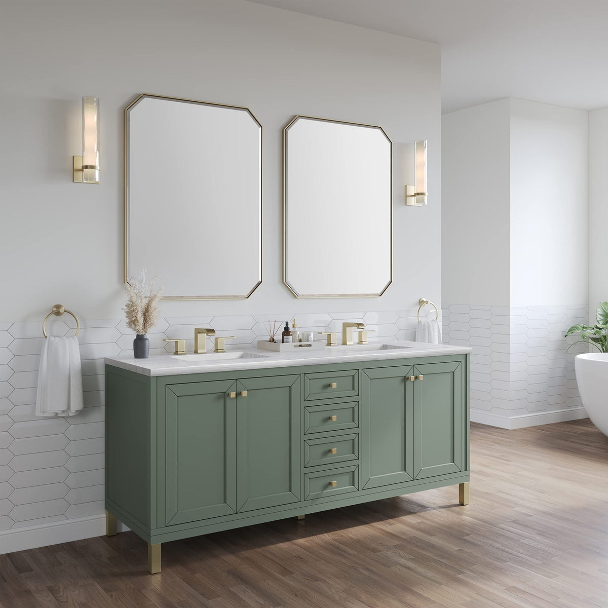 305-V72-3AF Chicago 72" Free Standing or Wall Mounted Double Basin Poplar Wood Vanity Set with 3 cm Arctic Fall Solid Surface Vanity Top and Rectangular Sinks - Whitewashed by