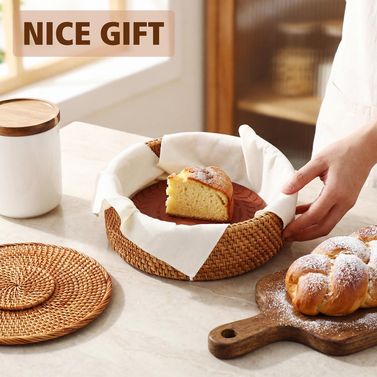 LemonRoad Bread Basket Set with Warmer Stone and Towel, 12 Inch, Terracotta