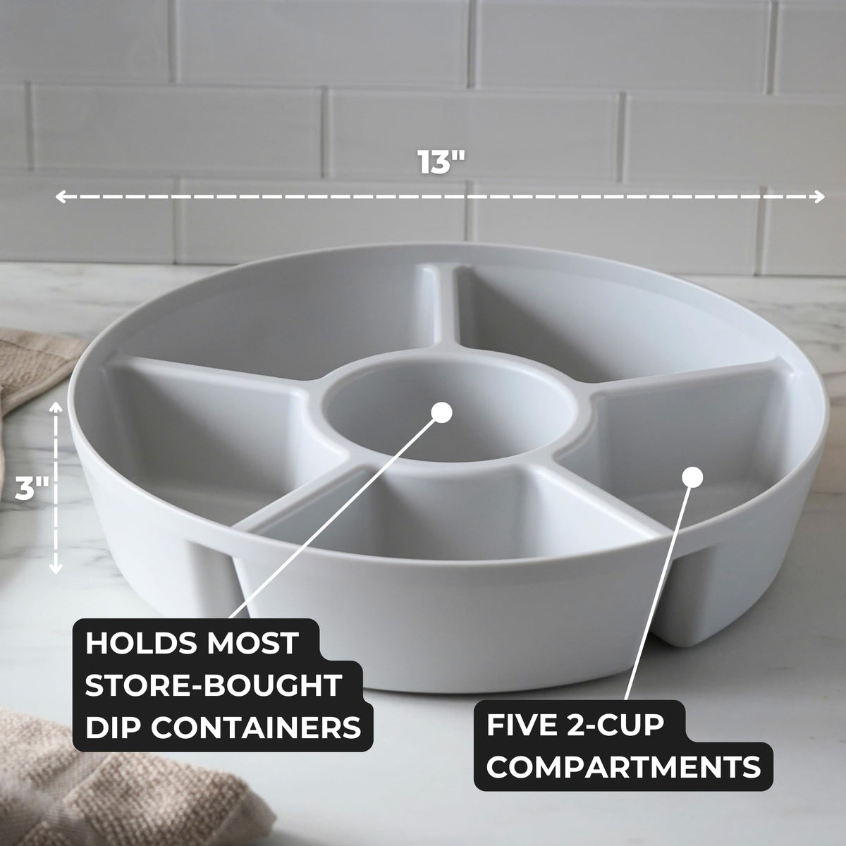 SwivelServe Divided Serving Tray with Lid, 6 Compartments, White