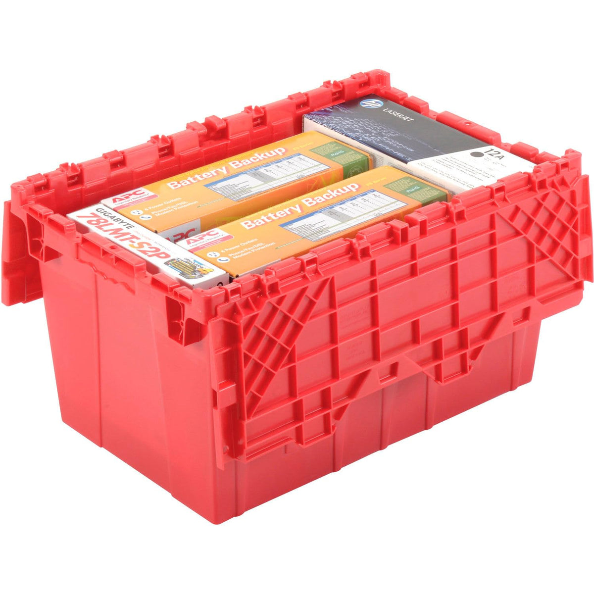 Plastic Attached Lid Shipping & Storage Container by Global Industrial – 25-1/4x16-1/4x13-3/4, 25.25 liters, Plastic, Red, Model 257812RD