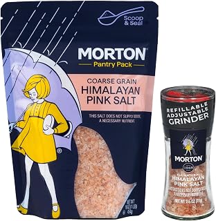 Morton Himalayan Pink Salt, 2-Piece Bundle Set, Grinder, 2.5oz, & Coarse Grain Refill Pouch, 16oz