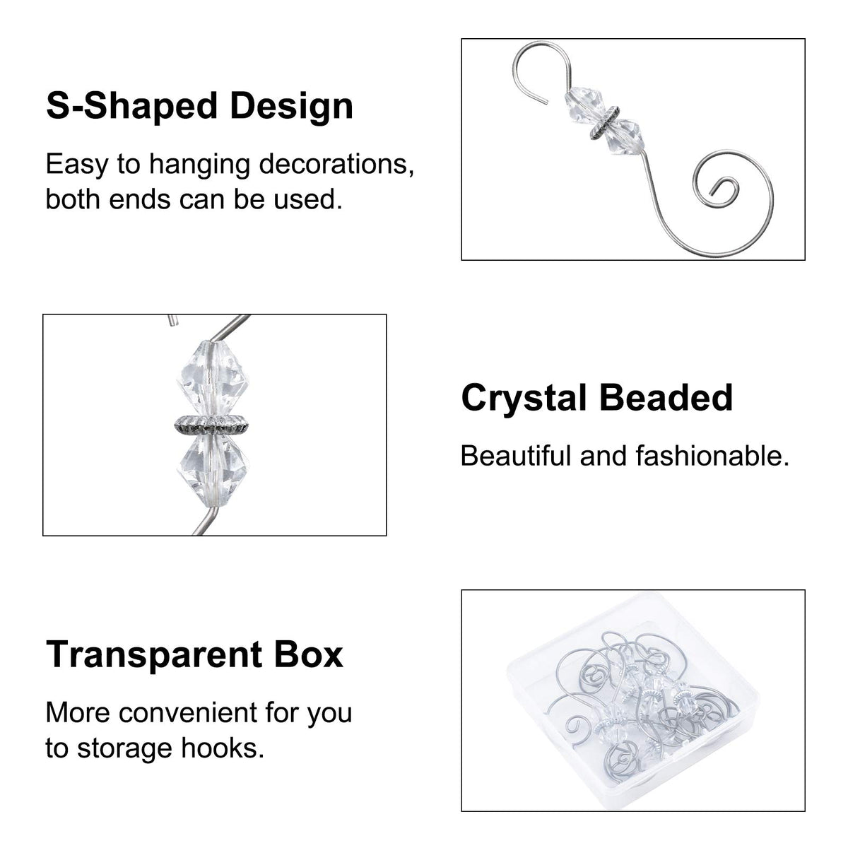 Increway Ornament Hooks, S-Shaped Metal Hangers with Crystal Beads, Silver, 30 Pack