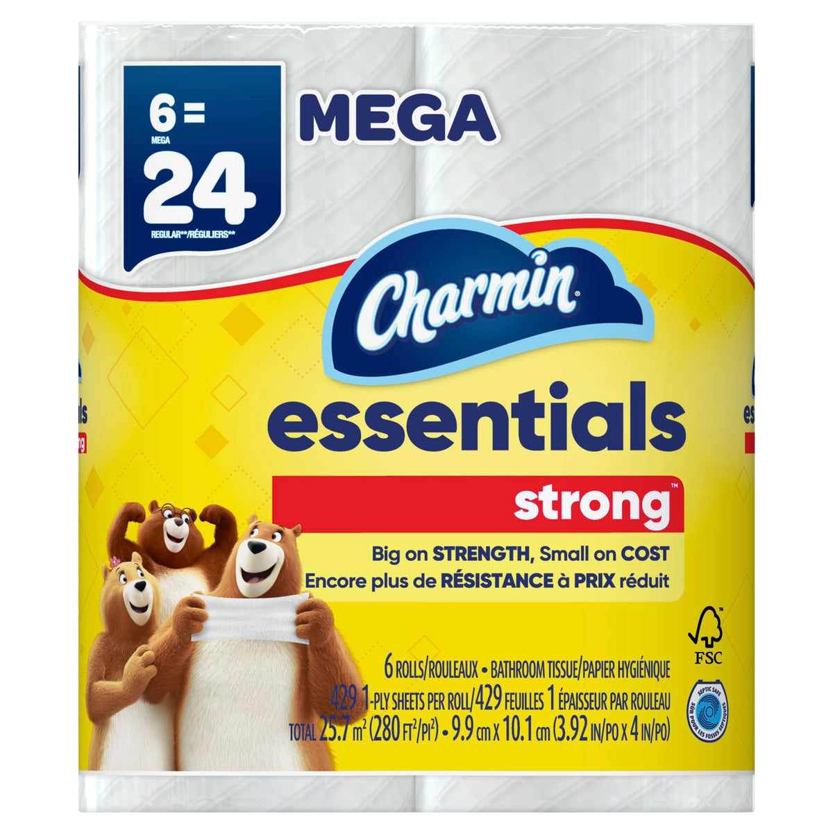 Essentials 1-Ply Mega Rolls Strong Bathroom Tissue 6 ea by Charmin – 6 Count (Pack of 1), Paper, White, Pack of 6, Model 3077204515