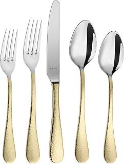 Amefa Sierra Half PVD Gold 20-Piece Flatware Set - 18/10 Hammered Gold/Silver Stainless Steel Silverware Set for 4, Knives Forks Spoons - Dinnerware Utensils