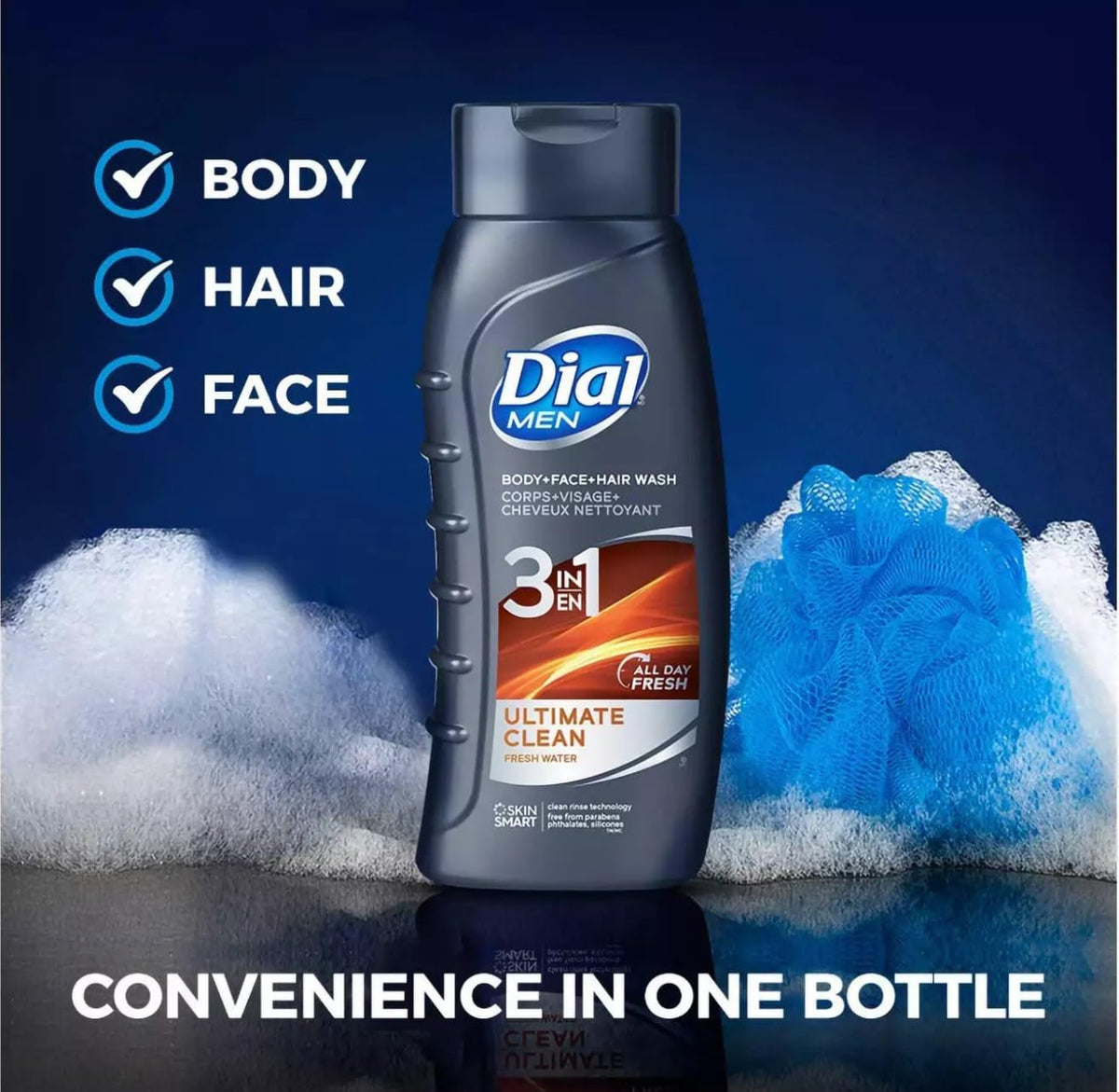 Men Ultimate Clean Hair Body Wash by Dial – 16 Fl Oz (Pack of 3), Pack of 4, Model 544337