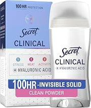 Secret Clinical Strength 100HR Sweat & Odor, Invisible Solid Antiperspirant Deodorant for Women, 3X Stress Protection with Hyaluronic Acid, PH Balanced, Powder Protection Scent, 2.6 oz