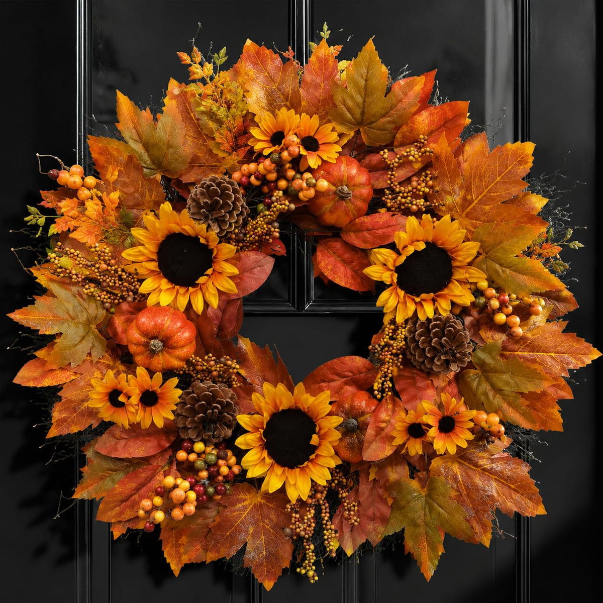 Grooy Artificial Fall Wreath, 22 Inch Diameter, Sunflower
