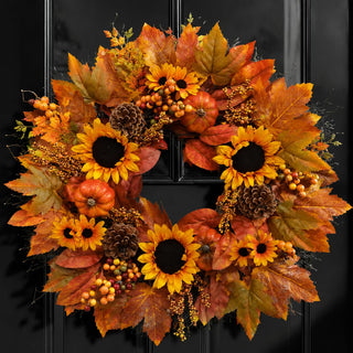 Grooy Artificial Fall Wreath, 22 Inch Diameter, Sunflower