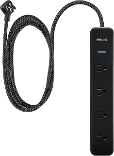 PHILIPS Surge Protector Power Strip, 4 Ft Braided Extension Cord | 4 Outlet Extender (Wide Spaced), 450 Joules, Flat Plug, Wall Mount, Home Office Dorm Essentials, Black, SPP3503B/37