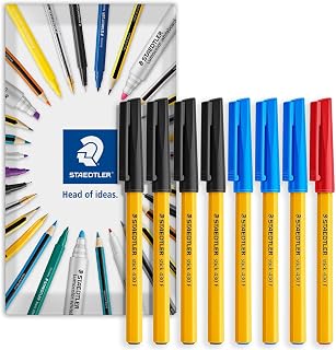 STAEDTLER stick 430F Ballpoint Pen - 0.3mm Fine Point - Pack of 8 in Envelope Packaging (Black, Blue, Red)