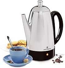 West Bend Electric Percolator Classic Style Coffee Maker with Heat Resistant Handle Base and Detachable Cord with Stainless Steel Stem and Basket, 12-Cup, Silver