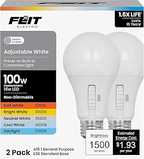 Feit Electric Adjustable White A19 LED Light Bulb, 100W Replacement, 5CCT Selectable Color Temperature 2700K-5000K, 1500 Lumens, 17,000 Hour Lifetime, OM100/5CCT/15KLED/2, 2 Pack