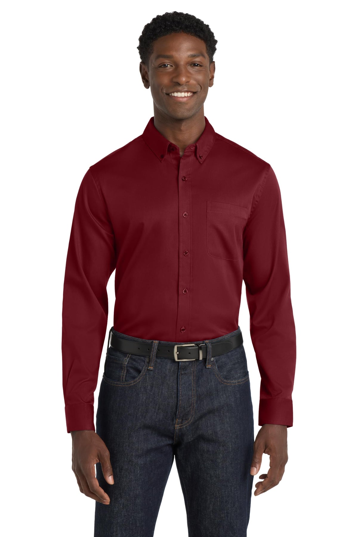 Men's SuperPro React Twill Long Sleeve Button-Down Shirt Burgundy by Port Authority – X-Large, Stain, Burgundy, Model W808