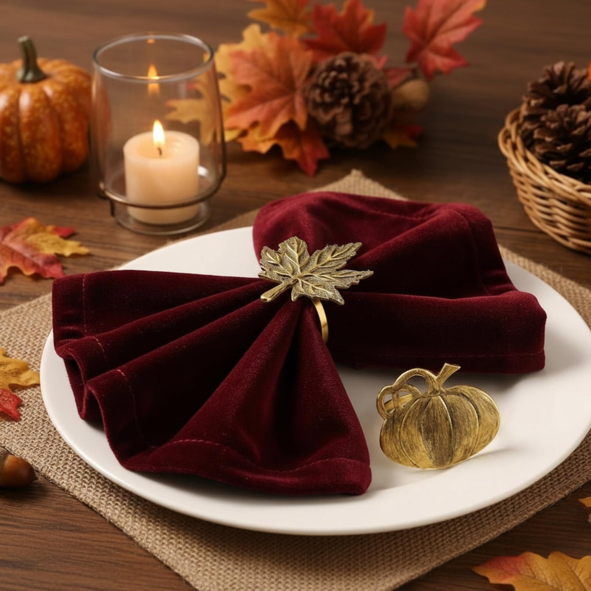 Patelai Pumpkin Napkin Rings, Set of 24, Assorted Fall Leaf and Pumpkin Shapes