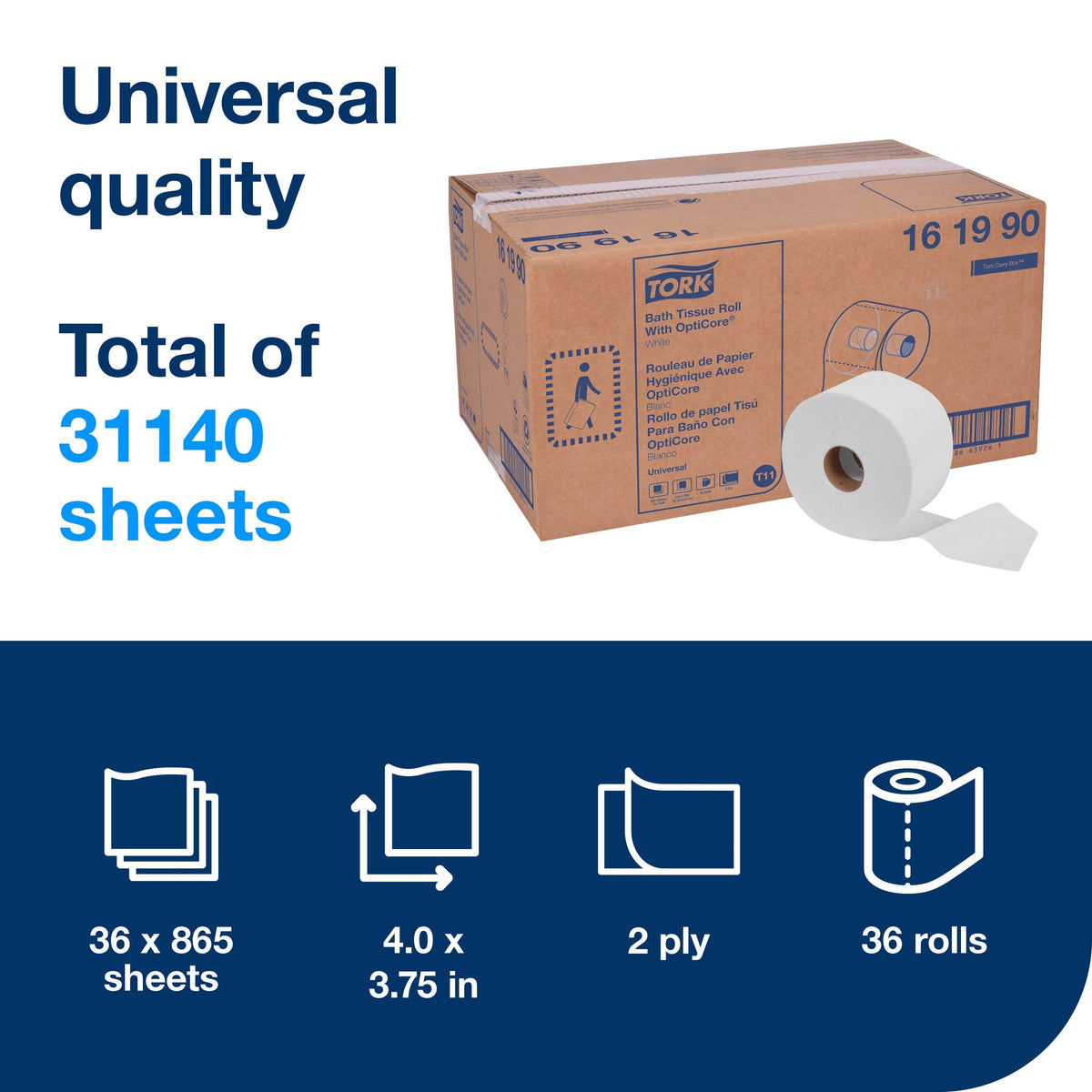 OptiCore Mid-size Toilet Paper Roll T by Tork – 865 Count (Pack of 36), Paper, White, Pack of 36, Model 161990