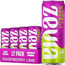 Zevia Zero Sugar Energy Drink, Raspberry Lime, 12 oz Cans (12-Pack) – Naturally Sweetened, Zero Calorie Sugar Free Energy - Non-GMO Project Verified, Gluten-Free, Vegan