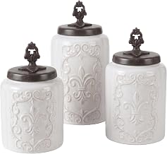 American Atelier Fleur de Lis White Canister Set 3-Piece Ceramic Jars in 84.5oz, 74.5oz, & 60oz Designed w/ Airtight Stainless Steel Lids for Cookies, Candy, Coffee, Flour, Sugar, Rice, Pasta, Cereal