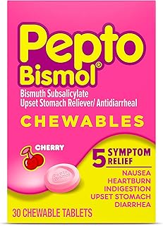 Pepto Bismol Cherry Chewable Tablets, Upset Stomach Relief, Nausea Relief, Heartburn Relief, Indigestion Relief, Anti Diarrhea Medication for Adults - 5 Symptom Relief, 30 ct