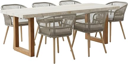Limari Home Cascais Collection Modern Outdoor Patio 7-piece Dining Table Set, Grey, Natural Wood, Travertine