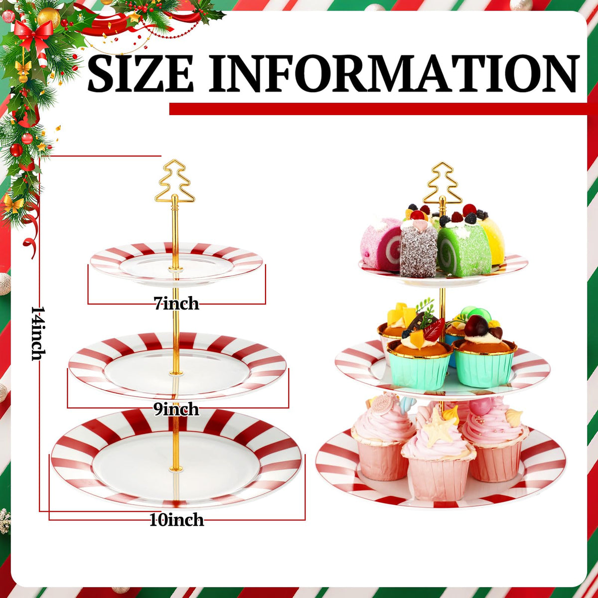 Lallisa 3 Tier Ceramic Cake Stand, 10 9 7 Inch Plates, Red and White
