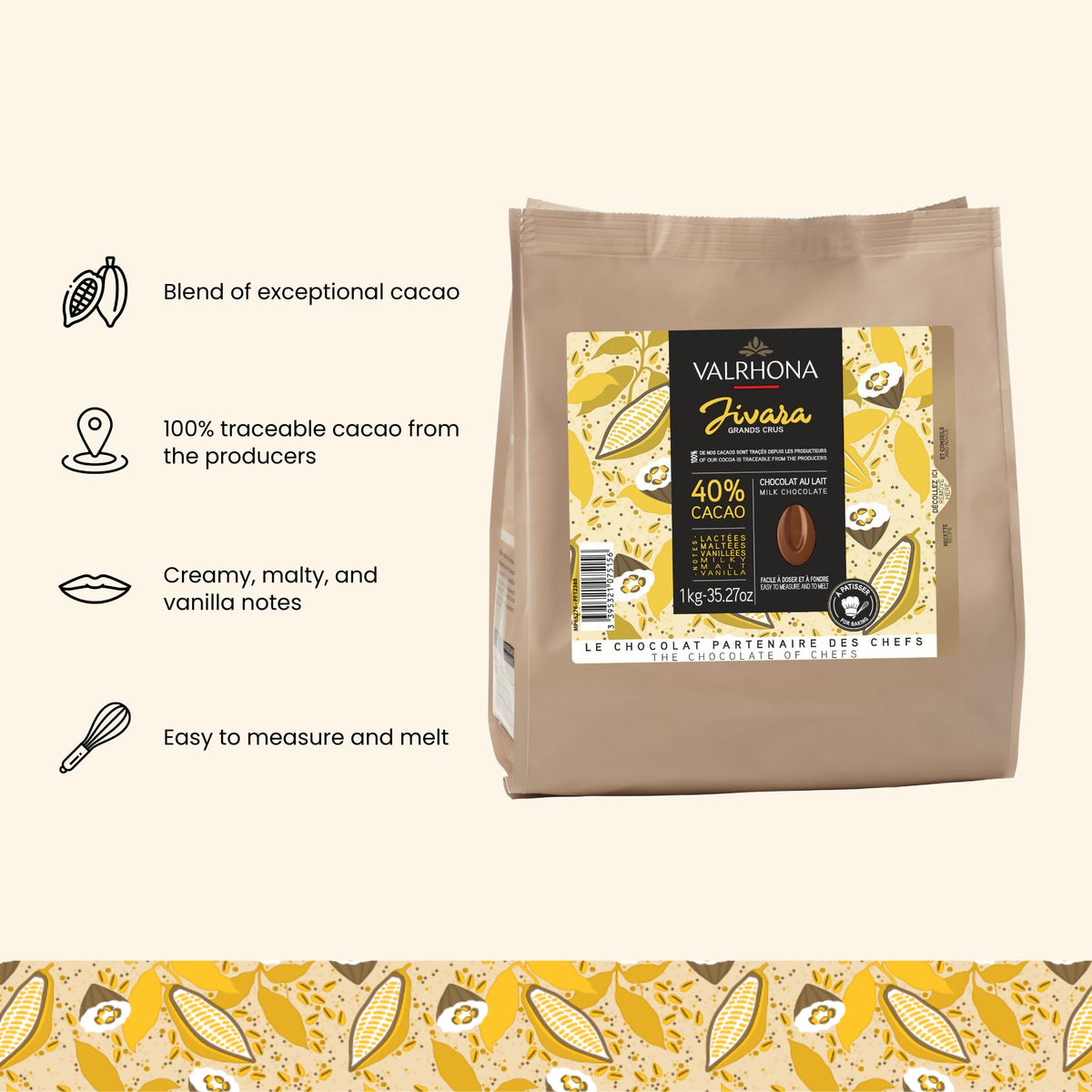 Premium French Baking Creamy Milk Chocolate Discs (Feves). JIVARA 40% Cacao. Easy Melt and Tempering. Hints of Vanilla and Malt. For Cookies by VALRHONA – 1kg