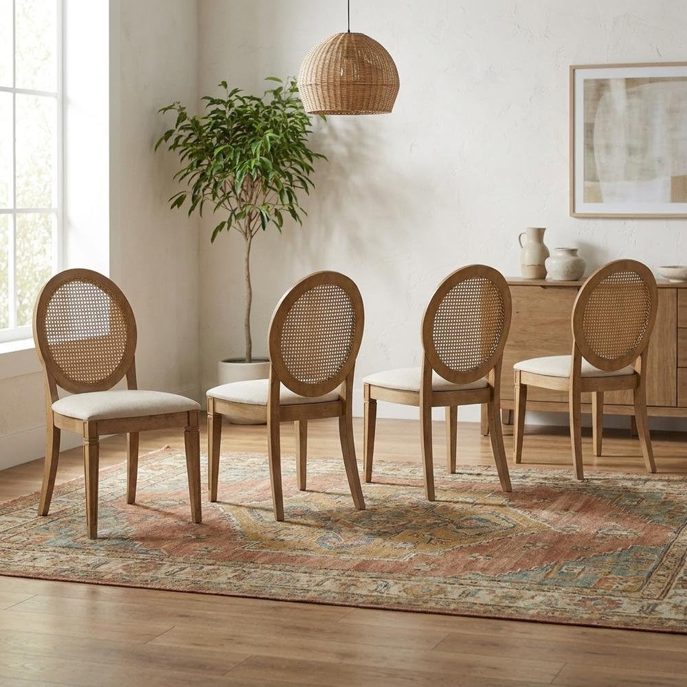 Brown 4-Piece Cane-Back Dining Chair Set by Furnifact – Rubberwood 85.00%,Fabric 5.00%,Foam 5.00%,Paper Rattan 5.00%, Brown, Pack of 4