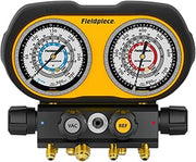 Fieldpiece GS434F 4-Port Analog Manifold Gauge Set | HVACR Refrigerant Manifold w/Sight Glass - Compatible with R134A, R404A, R407C, R448A- Swappable Hose Holders & High-Grip Knobs