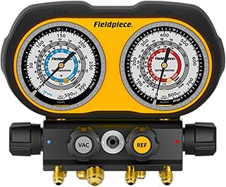 Fieldpiece GS434F 4-Port Analog Manifold Gauge Set | HVACR Refrigerant Manifold w/Sight Glass - Compatible with R134A, R404A, R407C, R448A- Swappable Hose Holders & High-Grip Knobs