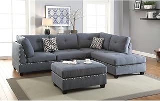 Modern Reversible Sectional Sofa with Oversized Cushions Linen-Like Upholstery Living Room Set Nailhead Trim Chaise Lounge Pillows Included Cocktail Ottoman Contemporary