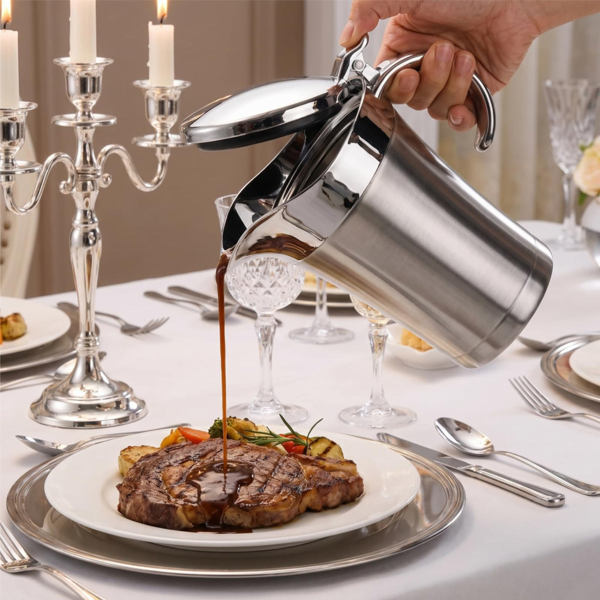 Peohud Gravy Boat, Double Insulated Stainless Steel, 24 Ounces, Silver