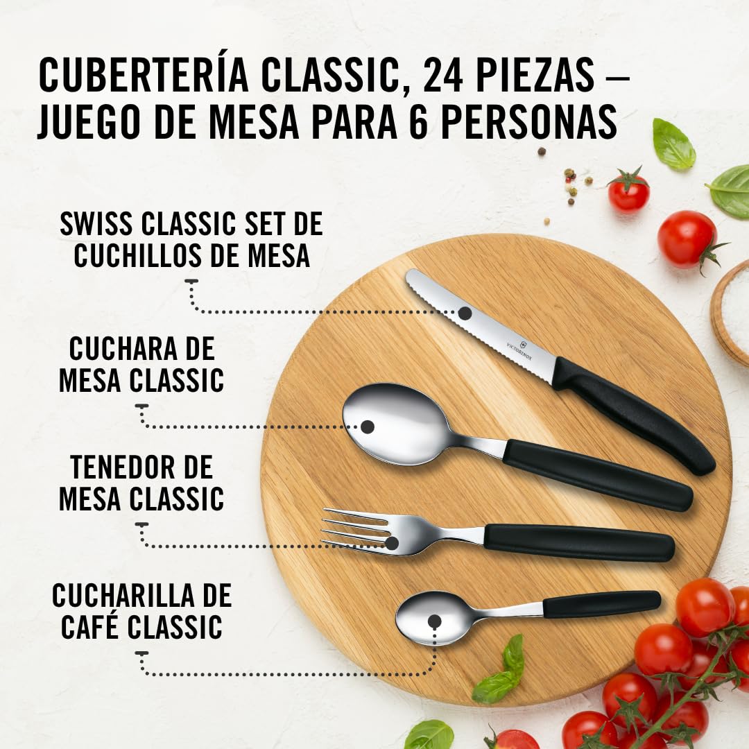 Table Set Swiss Classic with Tomato Knife 24 Pieces by Victorinox – 30 x 5 x 5 cm, Stainless Steel, Black, Pack of 24, Model 6.7833.24