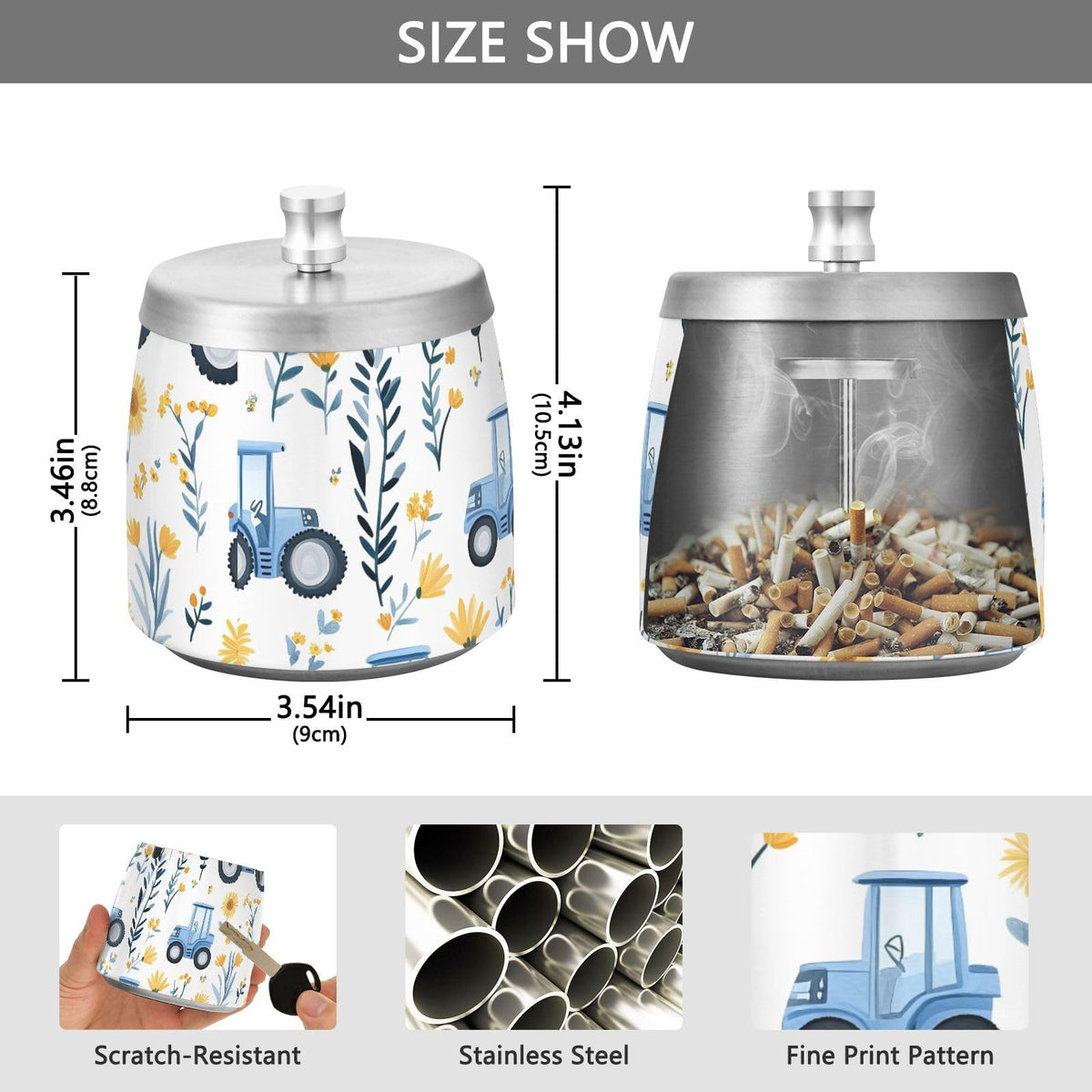 Blue Tractor Sunflower Pattern Splash Ashtray with Lid by ALAZA – Stainless Steel, C4736, Model g541054987p1082c1149s2657