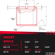 E-Z LOK M12-1.75 Internal Threads, 3/4-10 External Threads, 16.66 mm Length / 21/32" / Red Thread Locking Inserts