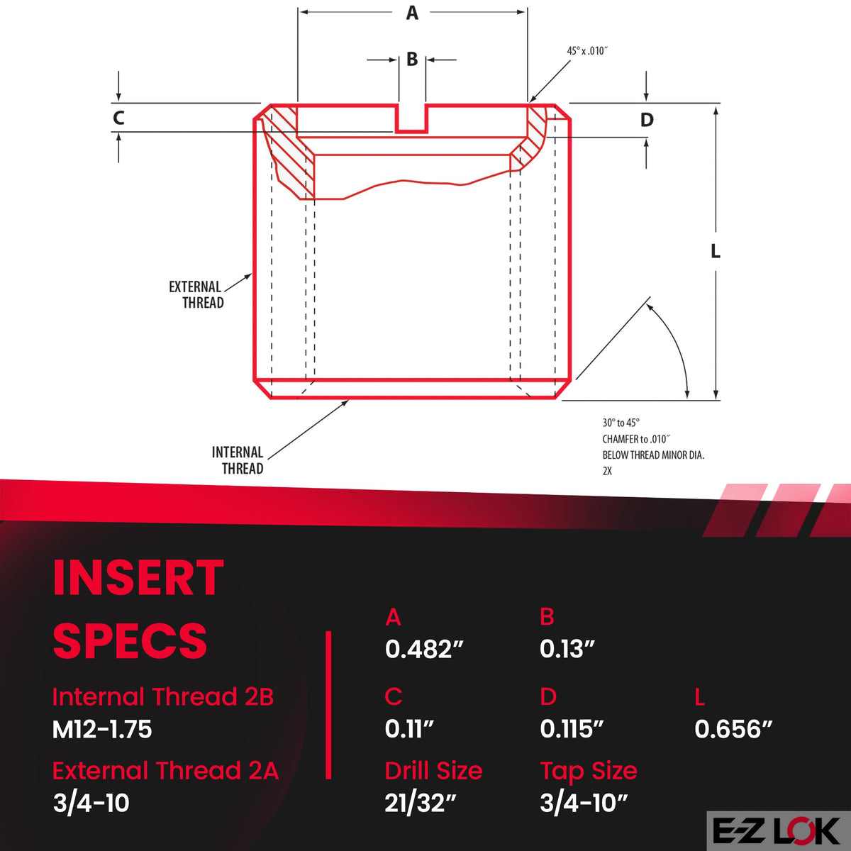 E-Z LOK M12-1.75 Internal Threads, 3/4-10 External Threads, 16.66 mm Length / 21/32" / Red Thread Locking Inserts