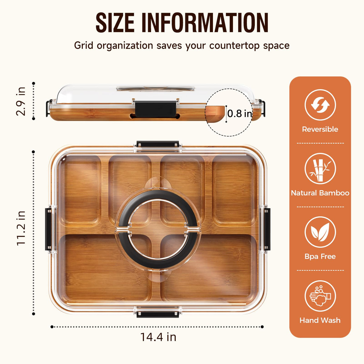 Renmxj Serving Board with Cover, Carbonized Bamboo, 6 Compartments, Black