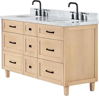 ARIEL B61DCWOVO Monroe 61" Free Standing Double Basin Vanity Set with Cabinet and Marble Vanity Top - Oak/Italian Carrara Marble Top/Matte Black Hardware