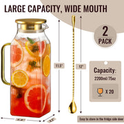 Snuvid Square Glass Pitcher with Lid, 2.2 Liter 75 Ounce, Gold