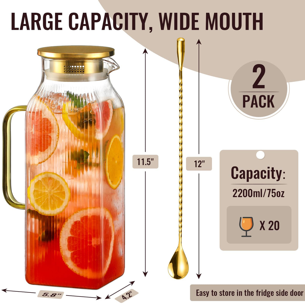 Snuvid Square Glass Pitcher with Lid, 2.2 Liter 75 Ounce, Gold