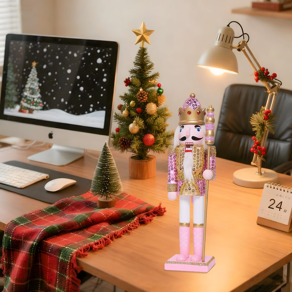 Oeuvi Wooden Nutcracker Figure, 11.8 Inch Tall, Pink Sequins